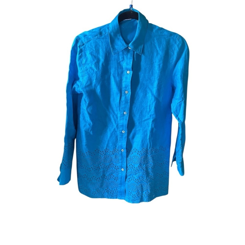 Elie Tahari XS Linen button down Tunic Aqua Blue Eyelet Bottom & sleeve.
